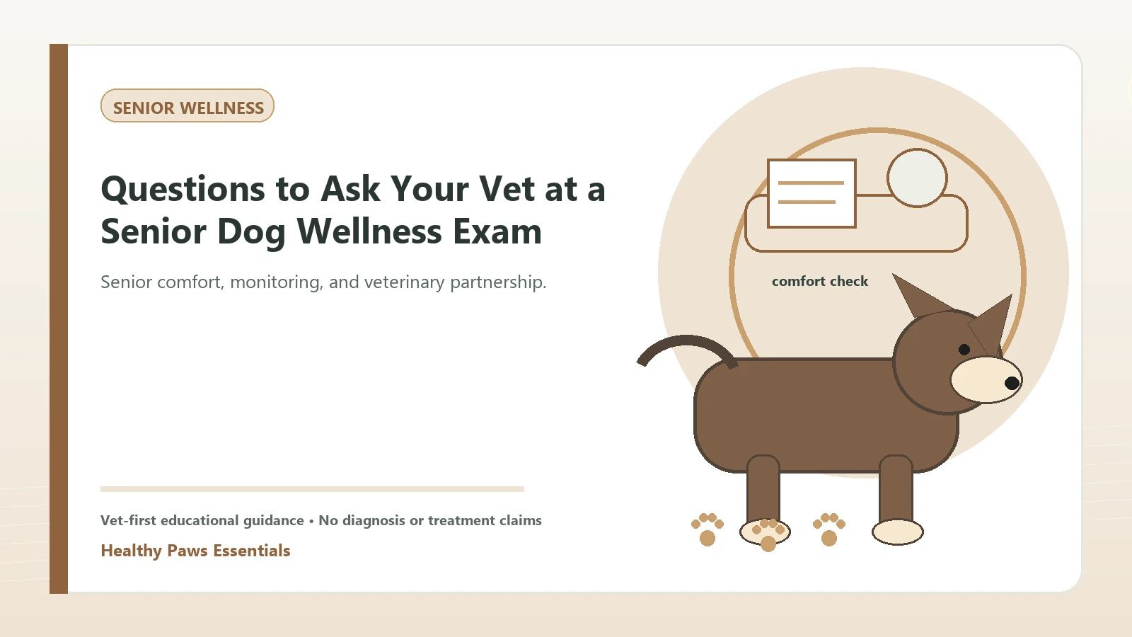 Custom Healthy Paws Essentials illustration for Questions to Ask Your Vet at a Senior Dog Wellness Exam, showing a dog and a vet-first care planning concept.