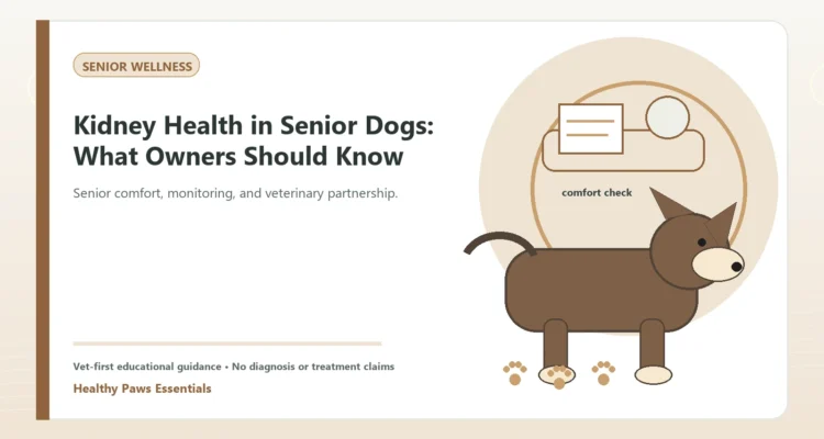 Custom Healthy Paws Essentials illustration for Kidney Health in Senior Dogs: What Owners Should Know, showing a dog and a vet-first care planning concept.