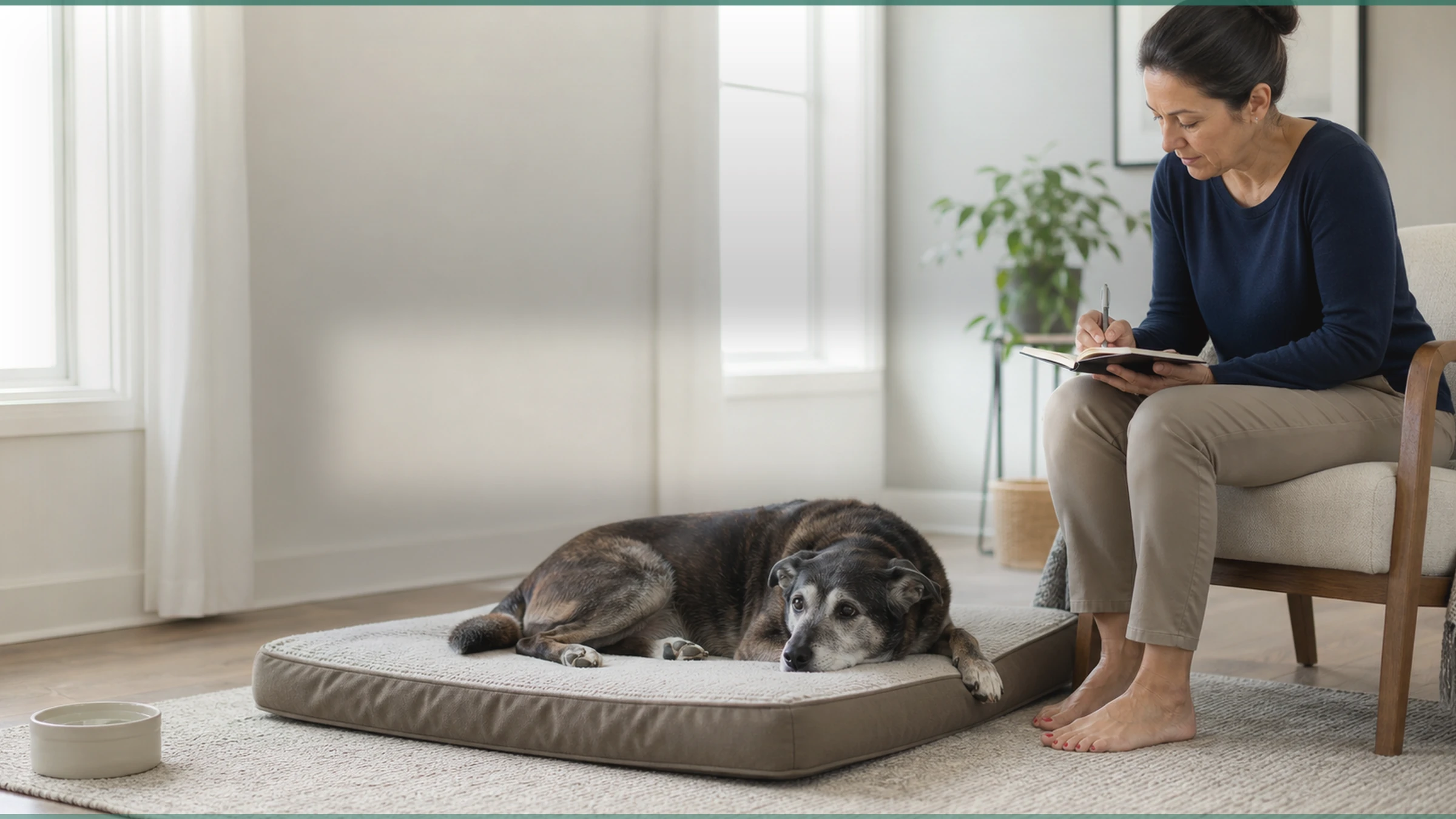 Healthy Paws Essentials editorial scene for Incontinence in Senior Dogs: Causes and Vet-First Management: a senior dog resting on a supportive bed while an owner writes wellness notes nearby.