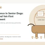 Custom Healthy Paws Essentials illustration for Incontinence in Senior Dogs: Causes and Vet-First Management, showing a dog and a vet-first care planning concept.