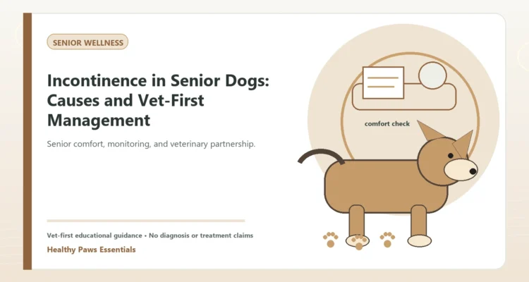 Custom Healthy Paws Essentials illustration for Incontinence in Senior Dogs: Causes and Vet-First Management, showing a dog and a vet-first care planning concept.