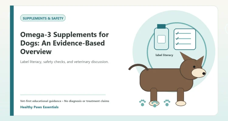 Custom Healthy Paws Essentials illustration for Omega-3 Supplements for Dogs: An Evidence-Based Overview, showing a dog and a vet-first care planning concept.