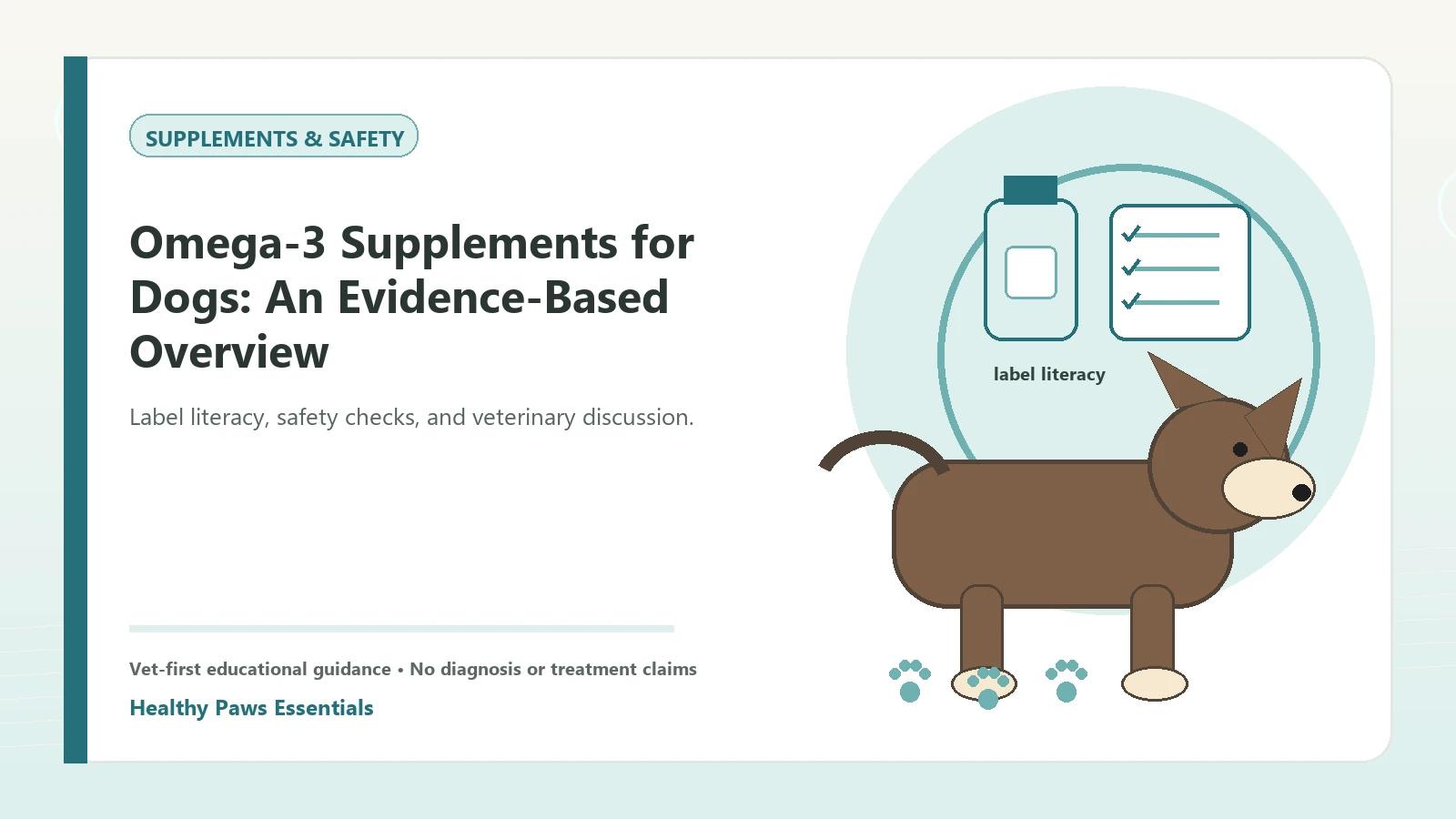 Custom Healthy Paws Essentials illustration for Omega-3 Supplements for Dogs: An Evidence-Based Overview, showing a dog and a vet-first care planning concept.