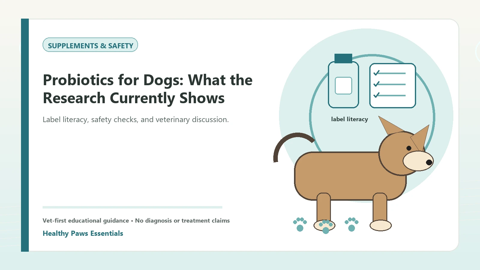 Custom Healthy Paws Essentials illustration for Probiotics for Dogs: What the Research Currently Shows, showing a dog and a vet-first care planning concept.