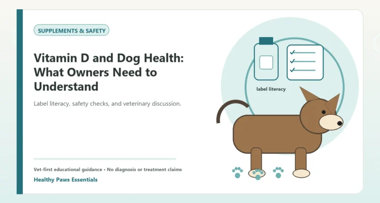 Custom Healthy Paws Essentials illustration for Vitamin D and Dog Health: What Owners Need to Understand, showing a dog and a vet-first care planning concept.
