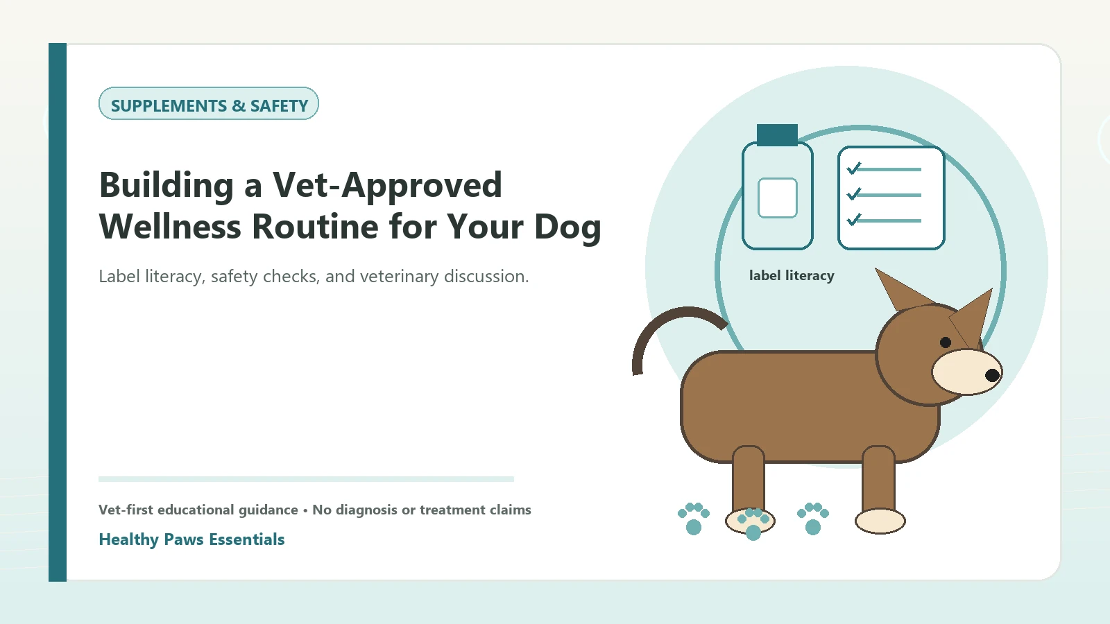 Custom Healthy Paws Essentials illustration for Building a Vet-Approved Wellness Routine for Your Dog, showing a dog and a vet-first care planning concept.