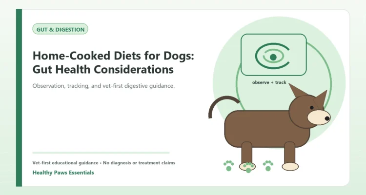 Custom Healthy Paws Essentials illustration for Home-Cooked Diets for Dogs: Gut Health Considerations, showing a dog and a vet-first care planning concept.