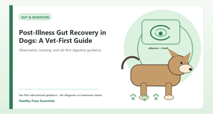 Custom Healthy Paws Essentials illustration for Post-Illness Gut Recovery in Dogs: A Vet-First Guide, showing a dog and a vet-first care planning concept.