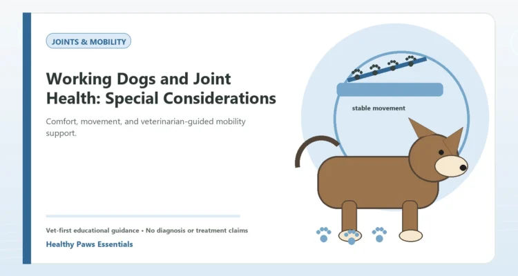 Custom Healthy Paws Essentials illustration for Working Dogs and Joint Health: Special Considerations, showing a dog and a vet-first care planning concept.