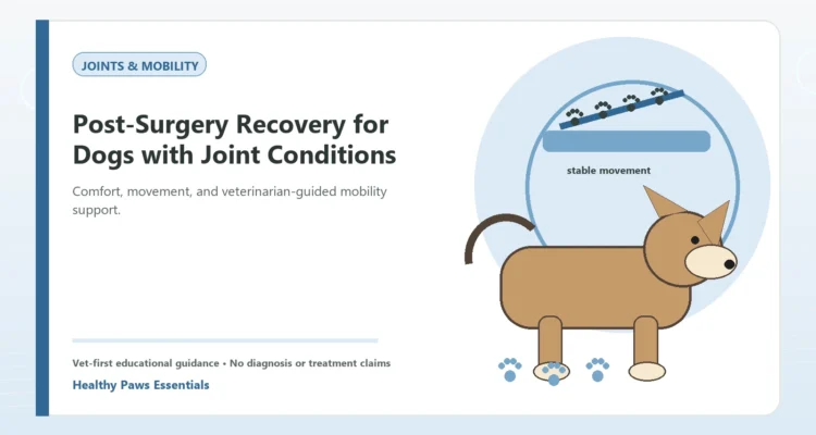Custom Healthy Paws Essentials illustration for Post-Surgery Recovery for Dogs with Joint Conditions, showing a dog and a vet-first care planning concept.