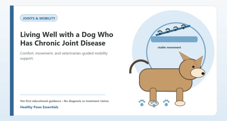 Custom Healthy Paws Essentials illustration for Living Well with a Dog Who Has Chronic Joint Disease, showing a dog and a vet-first care planning concept.
