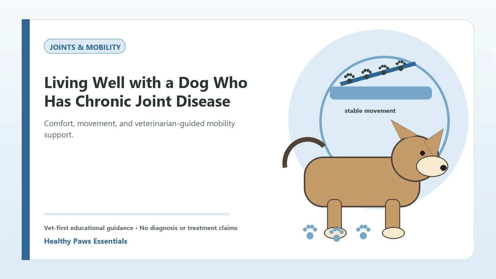Custom Healthy Paws Essentials illustration for Living Well with a Dog Who Has Chronic Joint Disease, showing a dog and a vet-first care planning concept.
