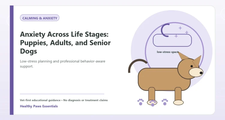Custom Healthy Paws Essentials illustration for Anxiety Across Life Stages: Puppies, Adults, and Senior Dogs, showing a dog and a vet-first care planning concept.