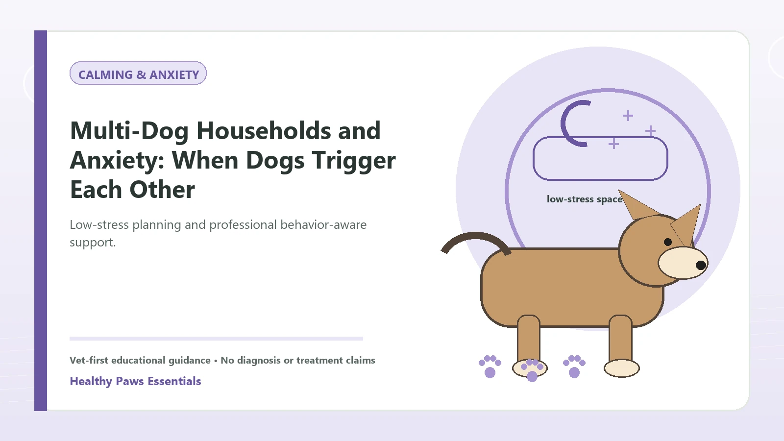 Custom Healthy Paws Essentials illustration for Multi-Dog Households and Anxiety: When Dogs Trigger Each Other, showing a dog and a vet-first care planning concept.