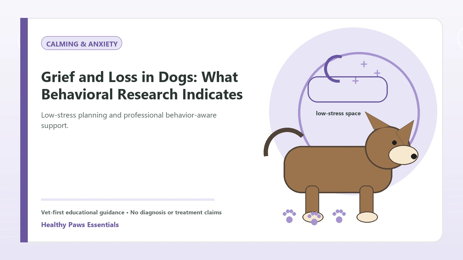 Custom Healthy Paws Essentials illustration for Grief and Loss in Dogs: What Behavioral Research Indicates, showing a dog and a vet-first care planning concept.