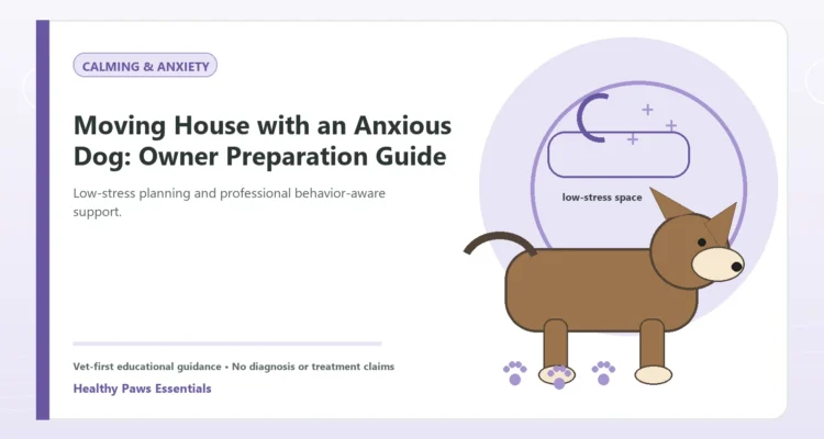 Custom Healthy Paws Essentials illustration for Moving House with an Anxious Dog: Owner Preparation Guide, showing a dog and a vet-first care planning concept.