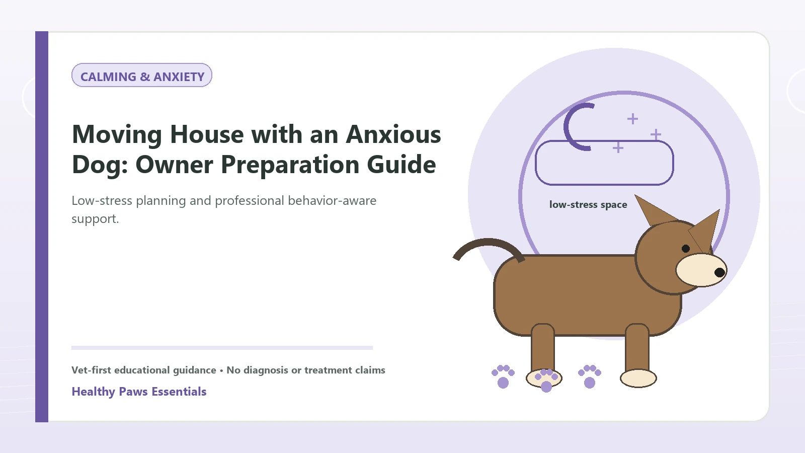 Custom Healthy Paws Essentials illustration for Moving House with an Anxious Dog: Owner Preparation Guide, showing a dog and a vet-first care planning concept.