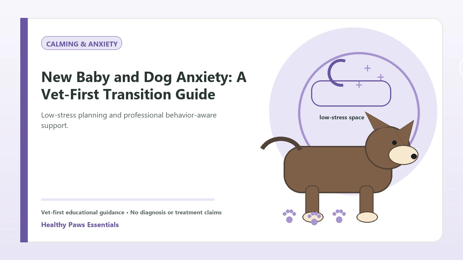 Custom Healthy Paws Essentials illustration for New Baby and Dog Anxiety: A Vet-First Transition Guide, showing a dog and a vet-first care planning concept.