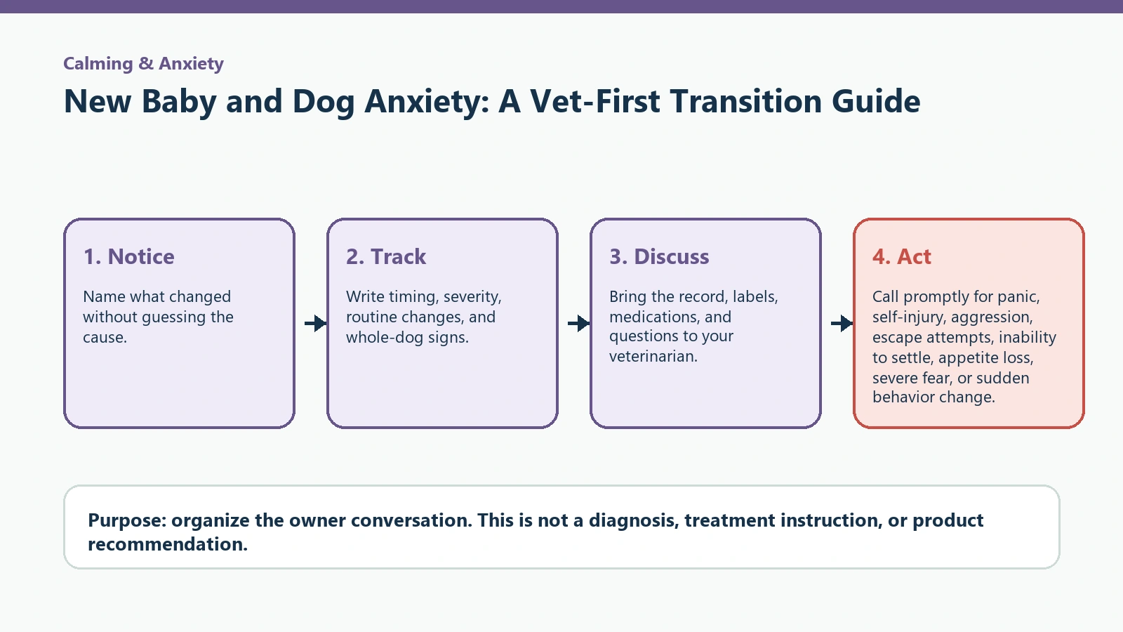 Decision pathway for New Baby and Dog Anxiety: A Vet-First Transition Guide.