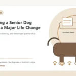 Custom Healthy Paws Essentials illustration for Supporting a Senior Dog Through a Major Life Change, showing a dog and a vet-first care planning concept.