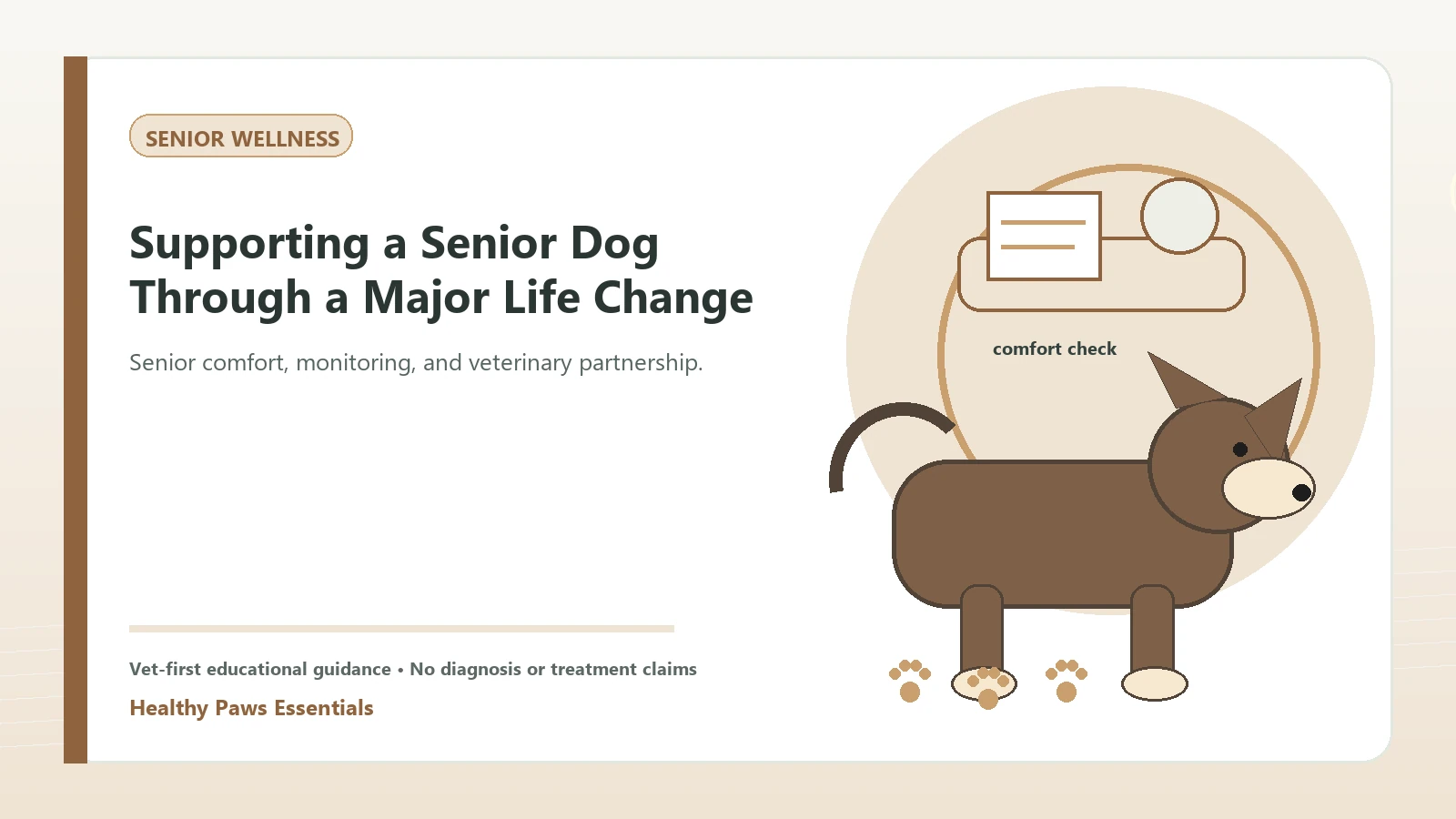 Custom Healthy Paws Essentials illustration for Supporting a Senior Dog Through a Major Life Change, showing a dog and a vet-first care planning concept.
