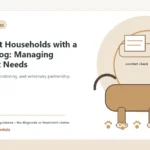 Custom Healthy Paws Essentials illustration for Multi-Pet Households with a Senior Dog: Managing Different Needs, showing a dog and a vet-first care planning concept.