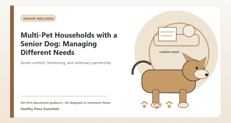 Custom Healthy Paws Essentials illustration for Multi-Pet Households with a Senior Dog: Managing Different Needs, showing a dog and a vet-first care planning concept.