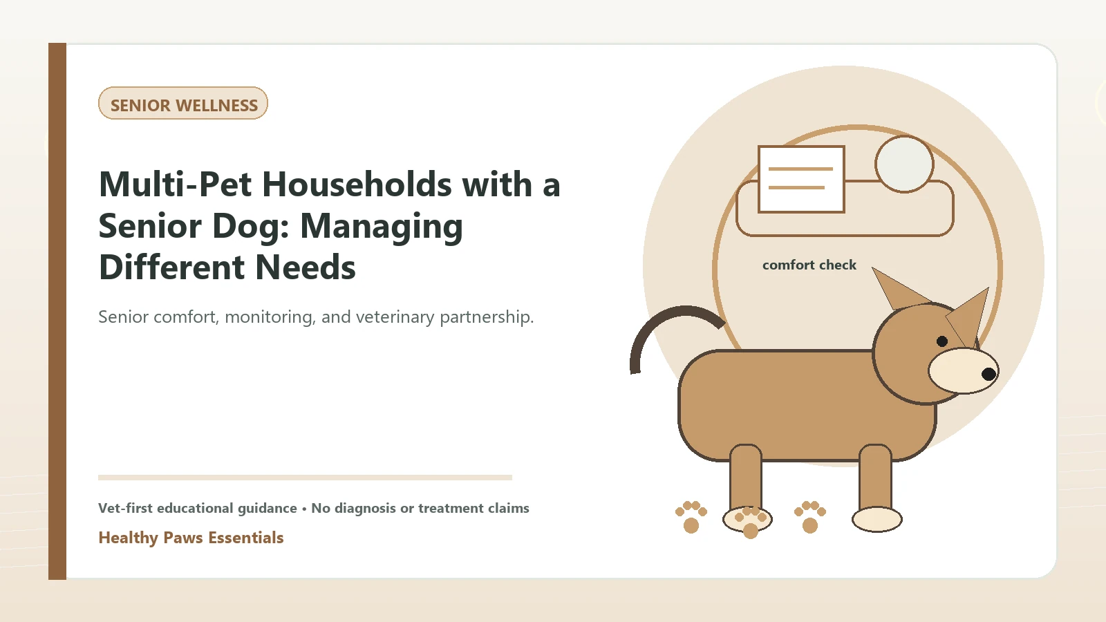 Custom Healthy Paws Essentials illustration for Multi-Pet Households with a Senior Dog: Managing Different Needs, showing a dog and a vet-first care planning concept.