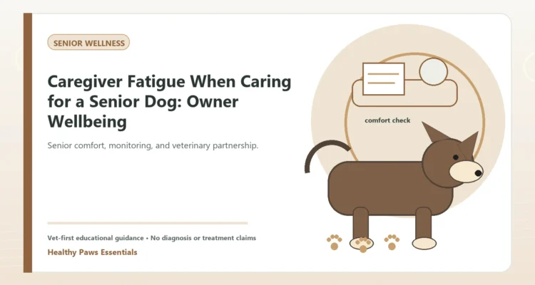 Custom Healthy Paws Essentials illustration for Caregiver Fatigue When Caring for a Senior Dog: Owner Wellbeing, showing a dog and a vet-first care planning concept.