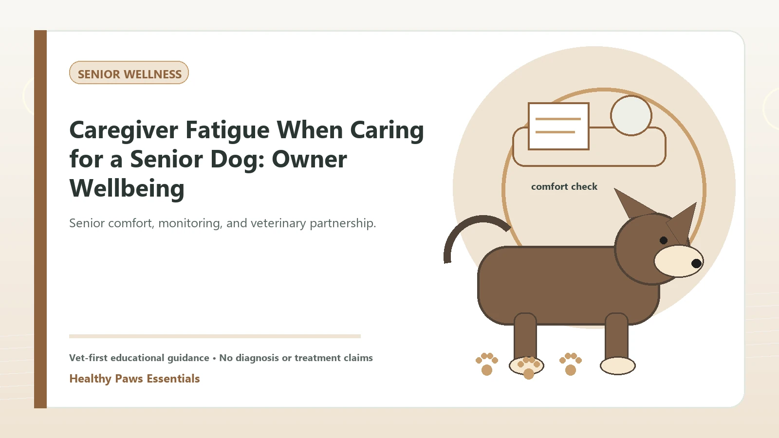 Custom Healthy Paws Essentials illustration for Caregiver Fatigue When Caring for a Senior Dog: Owner Wellbeing, showing a dog and a vet-first care planning concept.