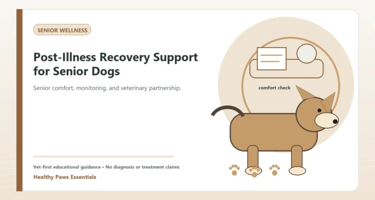 Custom Healthy Paws Essentials illustration for Post-Illness Recovery Support for Senior Dogs, showing a dog and a vet-first care planning concept.