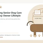 Custom Healthy Paws Essentials illustration for Integrating Senior Dog Care into a Busy Owner Lifestyle, showing a dog and a vet-first care planning concept.