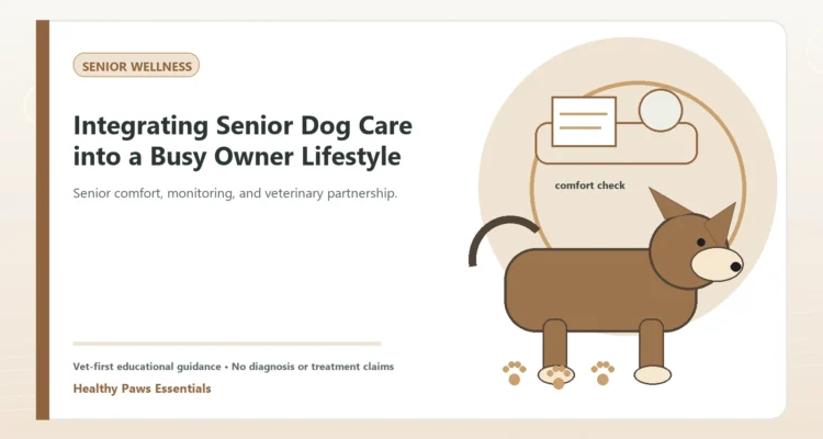 Custom Healthy Paws Essentials illustration for Integrating Senior Dog Care into a Busy Owner Lifestyle, showing a dog and a vet-first care planning concept.