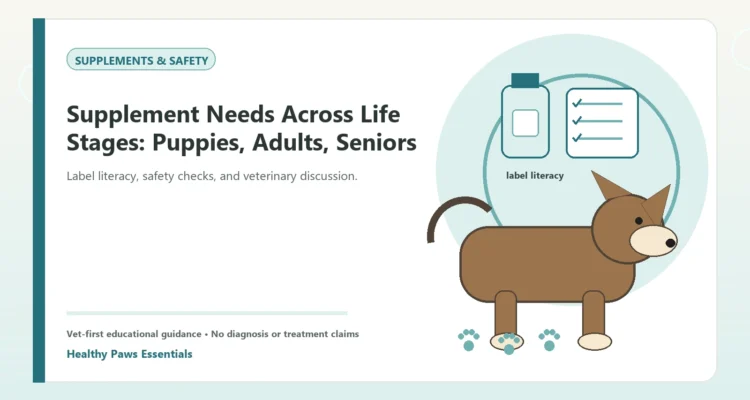 Custom Healthy Paws Essentials illustration for Supplement Needs Across Life Stages: Puppies, Adults, Seniors, showing a dog and a vet-first care planning concept.