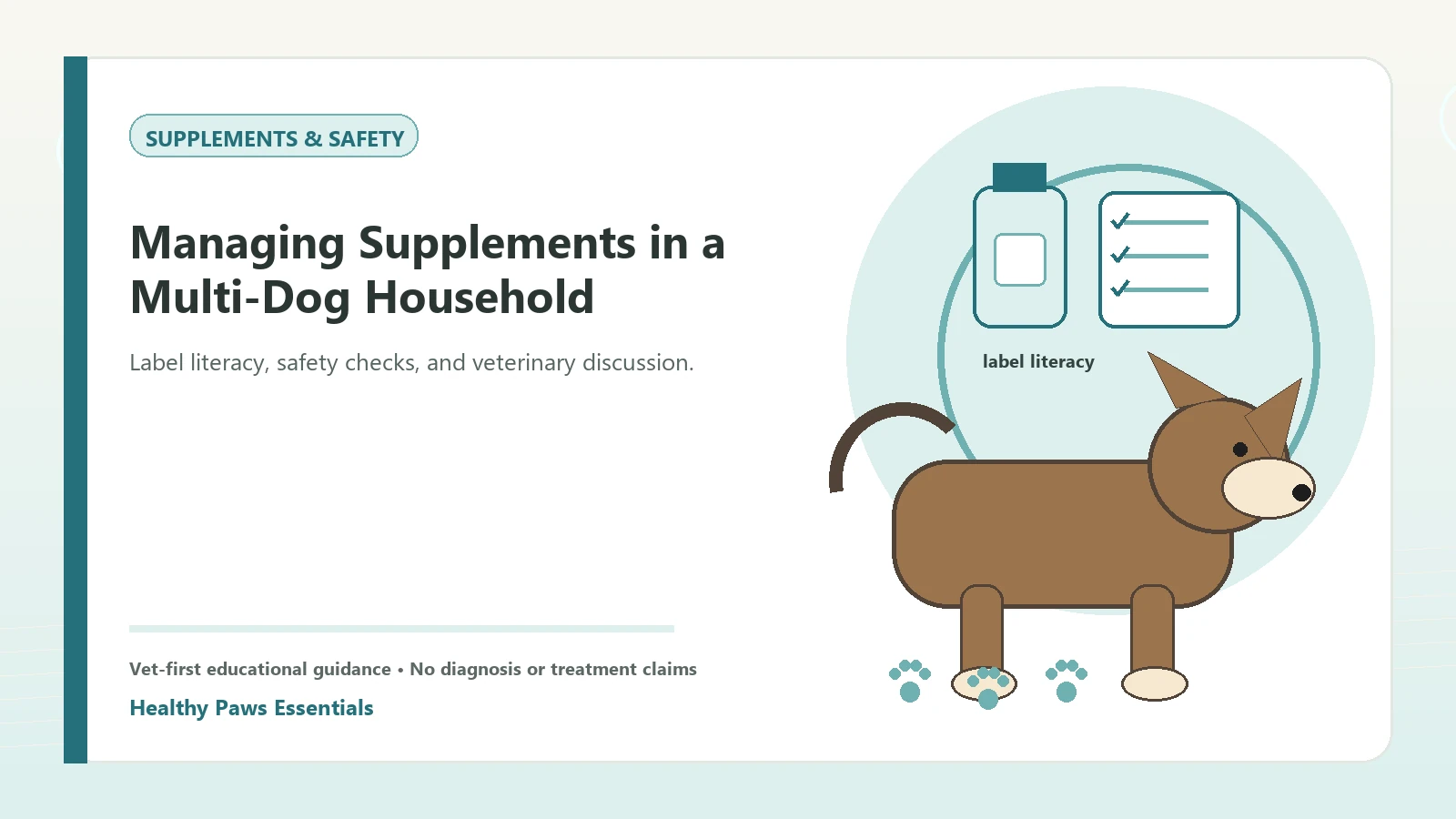 Custom Healthy Paws Essentials illustration for Managing Supplements in a Multi-Dog Household, showing a dog and a vet-first care planning concept.