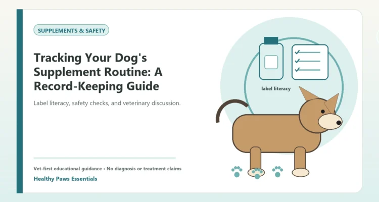 Custom Healthy Paws Essentials illustration for Tracking Your Dog's Supplement Routine: A Record-Keeping Guide, showing a dog and a vet-first care planning concept.