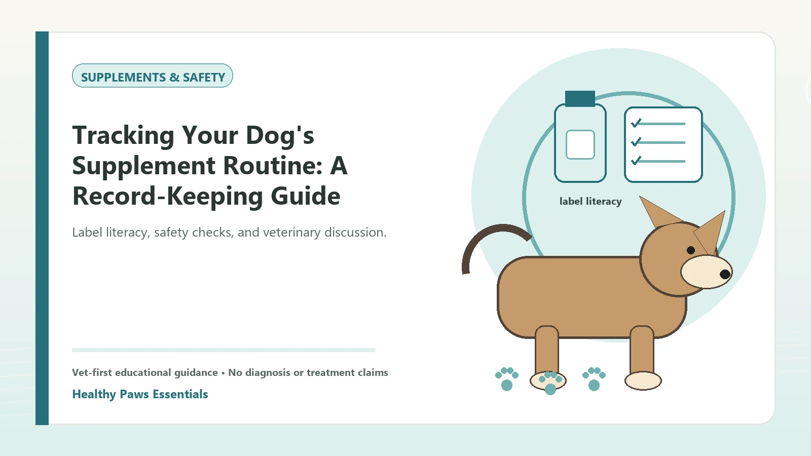 Custom Healthy Paws Essentials illustration for Tracking Your Dog's Supplement Routine: A Record-Keeping Guide, showing a dog and a vet-first care planning concept.