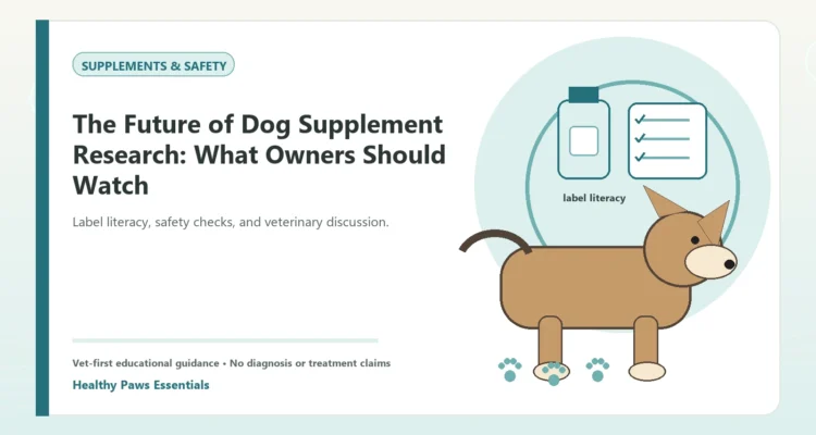 Custom Healthy Paws Essentials illustration for The Future of Dog Supplement Research: What Owners Should Watch, showing a dog and a vet-first care planning concept.