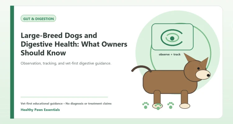 Custom Healthy Paws Essentials illustration for Large-Breed Dogs and Digestive Health: What Owners Should Know, showing a dog and a vet-first care planning concept.