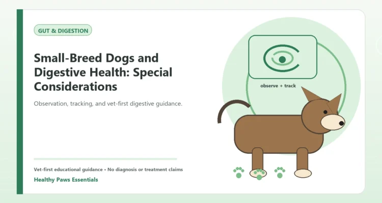 Custom Healthy Paws Essentials illustration for Small-Breed Dogs and Digestive Health: Special Considerations, showing a dog and a vet-first care planning concept.