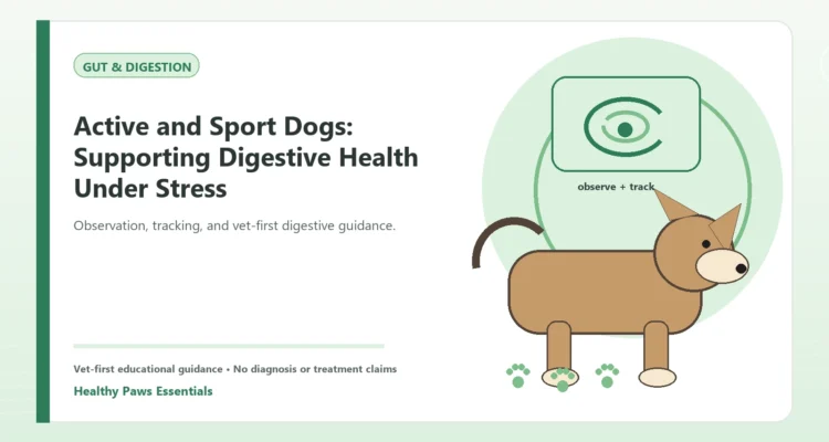 Custom Healthy Paws Essentials illustration for Active and Sport Dogs: Supporting Digestive Health Under Stress, showing a dog and a vet-first care planning concept.