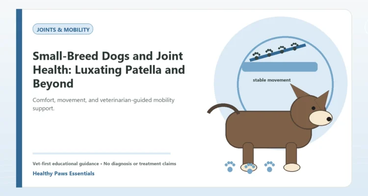 Custom Healthy Paws Essentials illustration for Small-Breed Dogs and Joint Health: Luxating Patella and Beyond, showing a dog and a vet-first care planning concept.