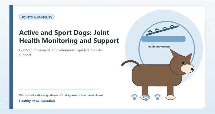 Custom Healthy Paws Essentials illustration for Active and Sport Dogs: Joint Health Monitoring and Support, showing a dog and a vet-first care planning concept.