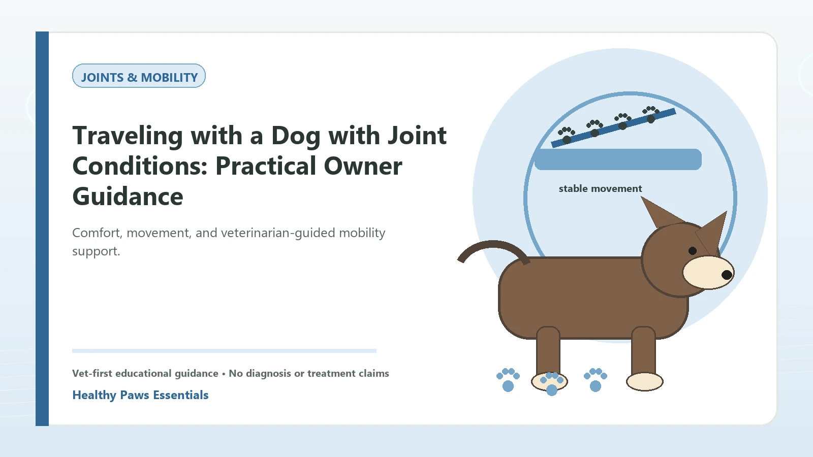 Custom Healthy Paws Essentials illustration for Traveling with a Dog with Joint Conditions: Practical Owner Guidance, showing a dog and a vet-first care planning concept.