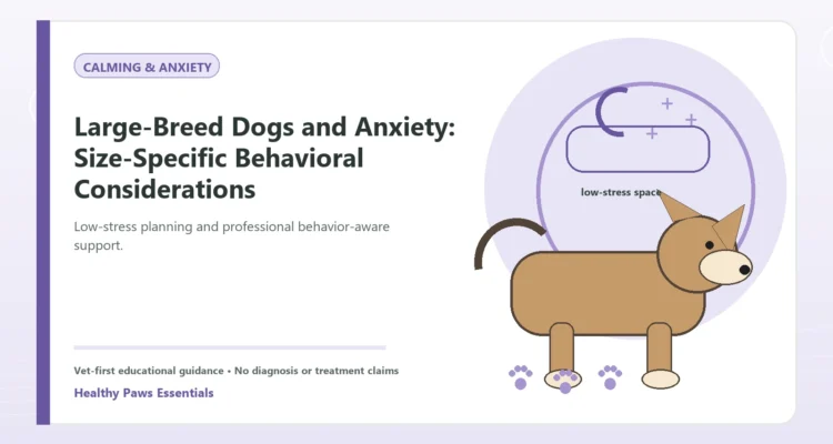 Custom Healthy Paws Essentials illustration for Large-Breed Dogs and Anxiety: Size-Specific Behavioral Considerations, showing a dog and a vet-first care planning concept.