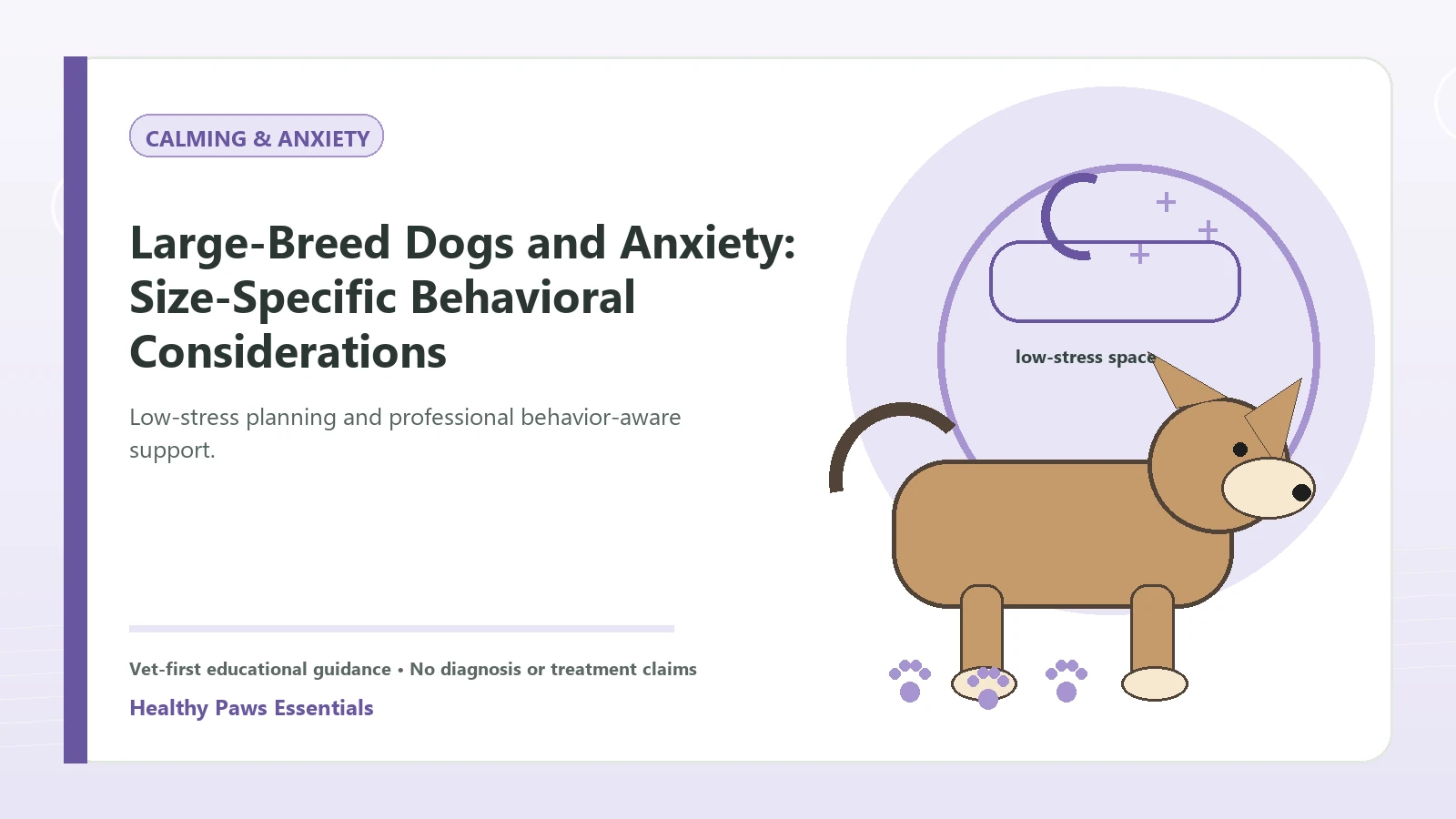 Custom Healthy Paws Essentials illustration for Large-Breed Dogs and Anxiety: Size-Specific Behavioral Considerations, showing a dog and a vet-first care planning concept.