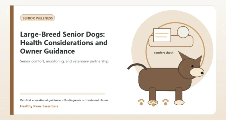 Custom Healthy Paws Essentials illustration for Large-Breed Senior Dogs: Health Considerations and Owner Guidance, showing a dog and a vet-first care planning concept.