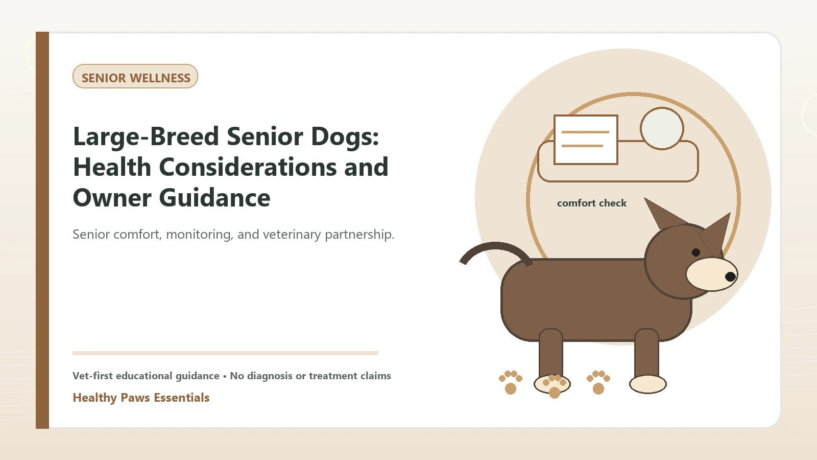 Custom Healthy Paws Essentials illustration for Large-Breed Senior Dogs: Health Considerations and Owner Guidance, showing a dog and a vet-first care planning concept.