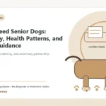 Custom Healthy Paws Essentials illustration for Small-Breed Senior Dogs: Longevity, Health Patterns, and Owner Guidance, showing a dog and a vet-first care planning concept.
