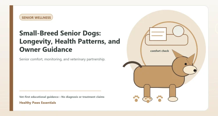 Custom Healthy Paws Essentials illustration for Small-Breed Senior Dogs: Longevity, Health Patterns, and Owner Guidance, showing a dog and a vet-first care planning concept.